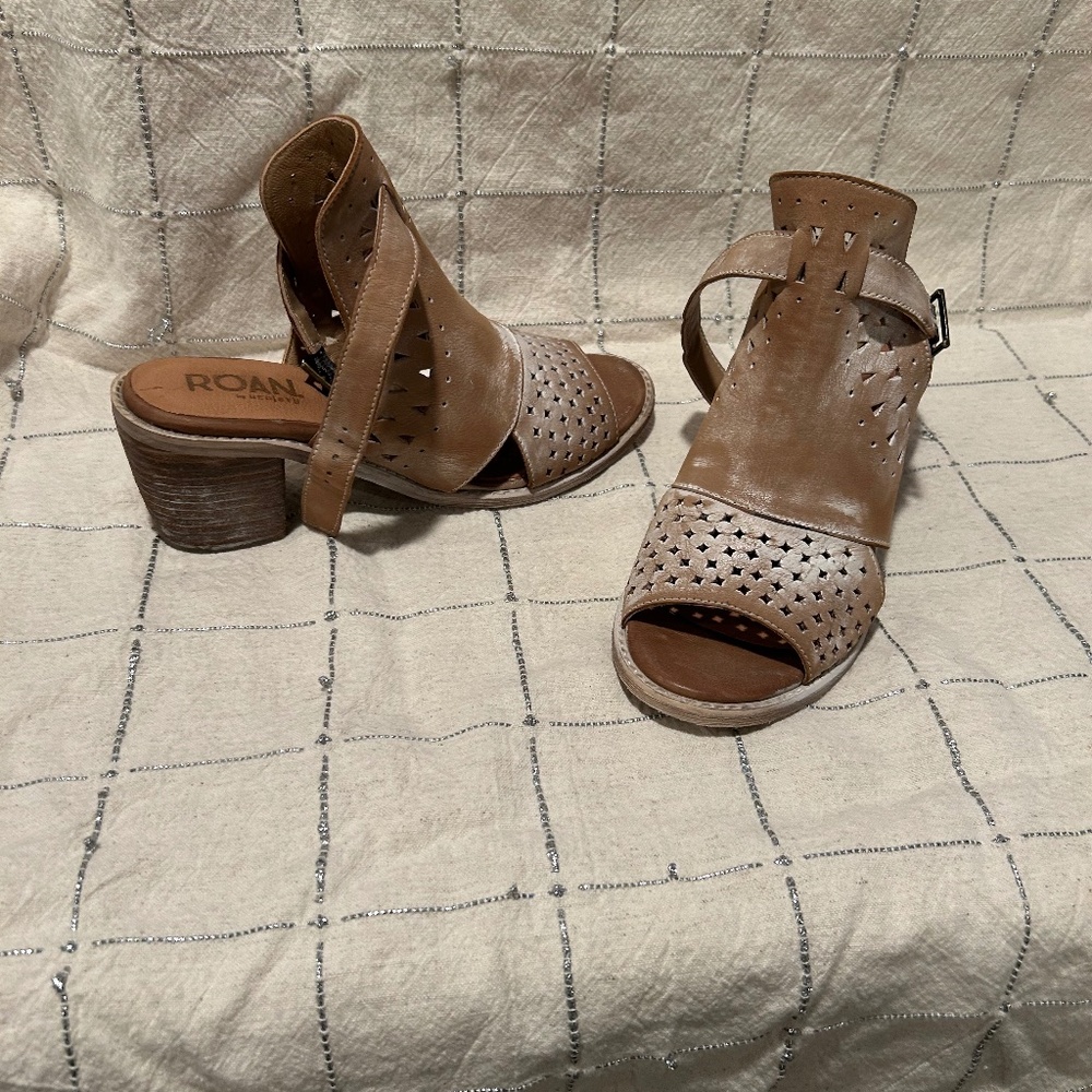 Women's Taupe Perforated Leather Block Heel Sandals